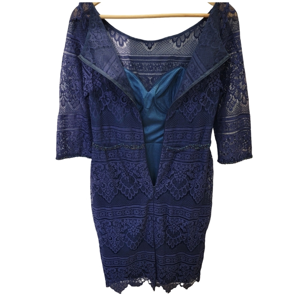Social Occasions by Mon Cheri Navy Lace Midi Dress Beaded Wedding Guest Size 12 - Picture 7 of 17